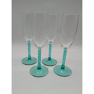 Set of 4 Vintage Cristal D'Arques Angelique Aqua Twisted Stem Champagne Flutes